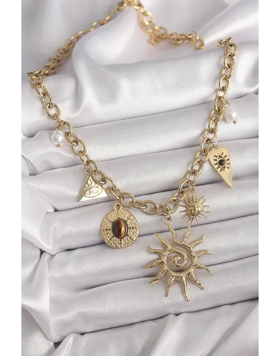  Altın  Halka Zincir Model Sallantı Güneş Figür Göz Detay  Çelik Kolye