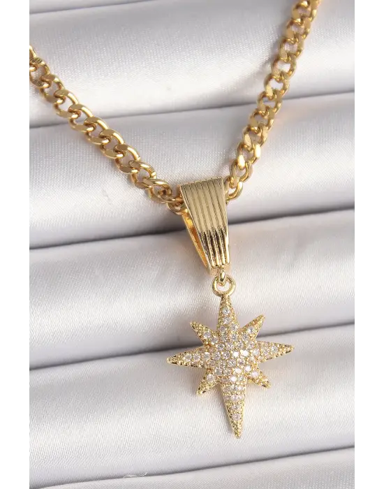  Altın  Halka Zincir Model Sallantı Zirkon Taşlı Kutup Yıldız Figür  Çelik Kolye