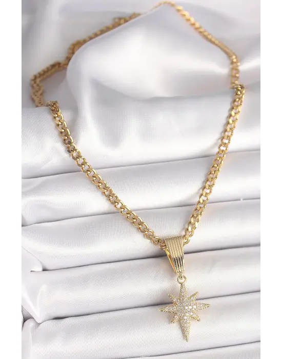  Altın  Halka Zincir Model Sallantı Zirkon Taşlı Kutup Yıldız Figür  Çelik Kolye