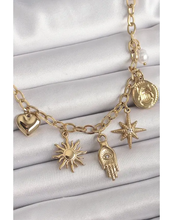  Altın  Halka Zincir Zirkon Taş Detaylı Fatma Ana El Figür Güneş Detay  Çelik Kolye