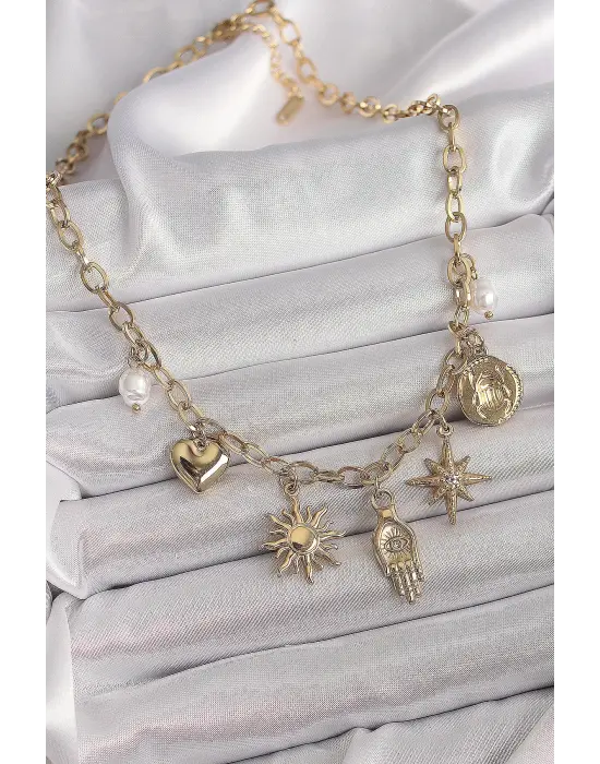  Altın  Halka Zincir Zirkon Taş Detaylı Fatma Ana El Figür Güneş Detay  Çelik Kolye