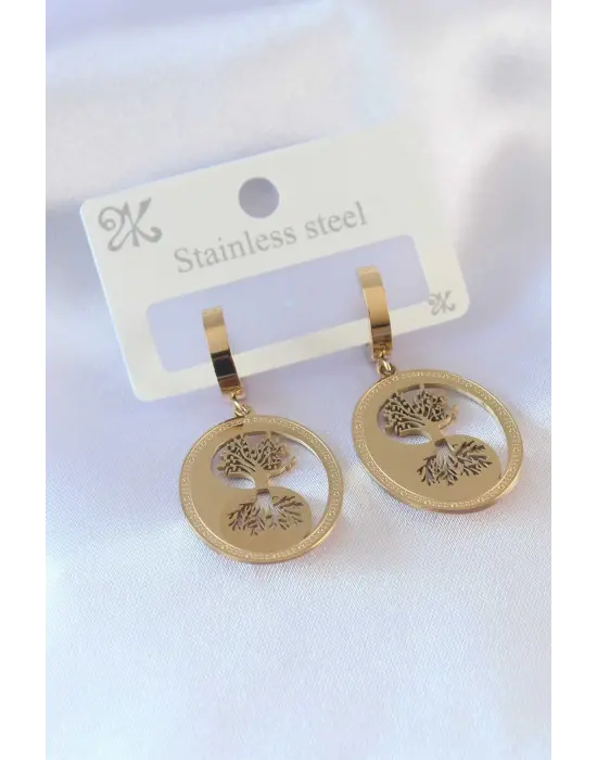 316L Çelik Gold Renk Hayat Ağacı İşleme Kadın Küpe