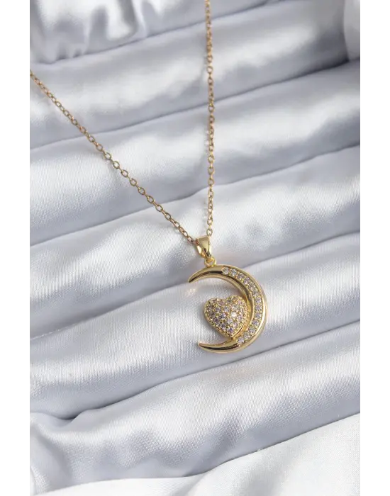  Altın  Hilal Kalp Model Zirkon Taş Detay  Çelik Kolye