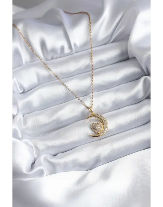  Altın  Hilal Kalp Model Zirkon Taş Detay  Çelik Kolye