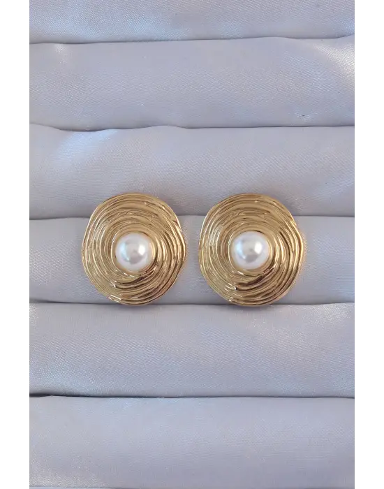   Altın İnci Detay Oval Kıvrımlı Vintage Küpe