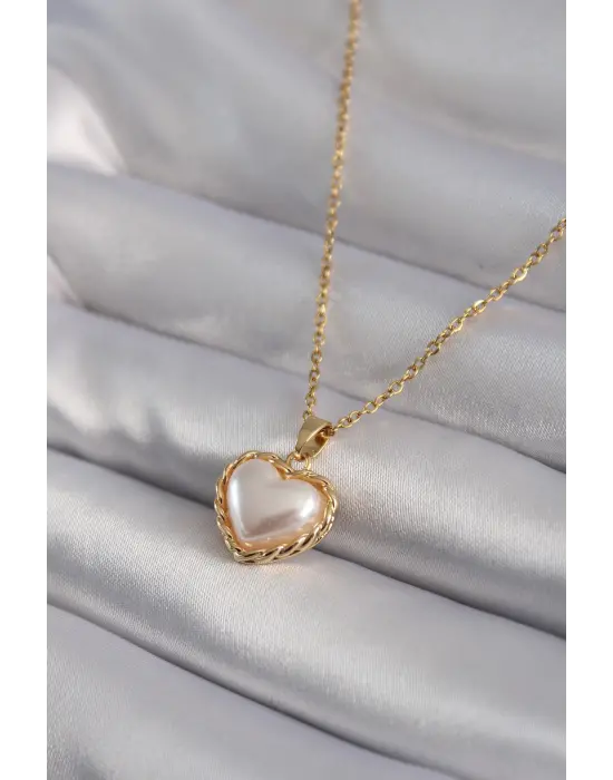  Altın  İnci Kalp Model  Çelik Kolye