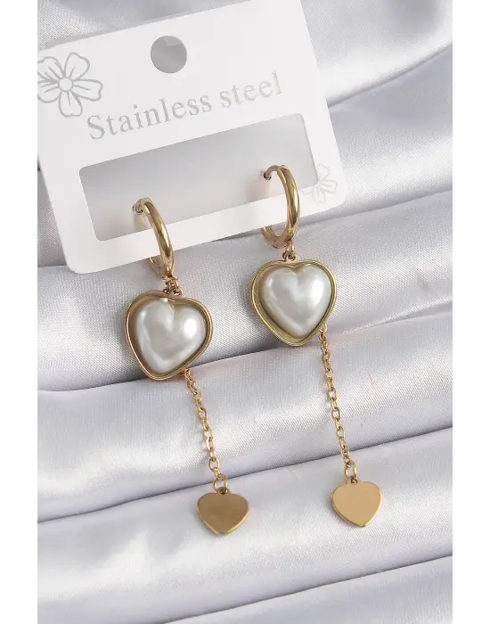   Altın İnci Kalp Model Sallantı Kalp Detay Çelik Küpe