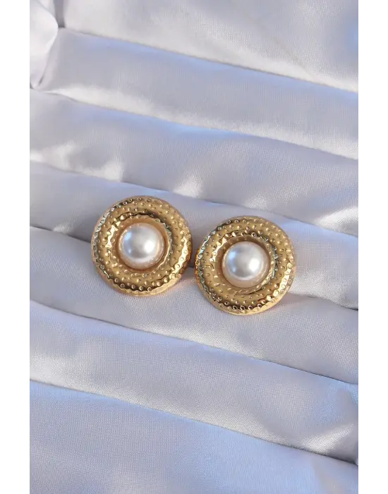   Altın İnci Taşlı Bombeli Lazer İşlemeli Küpe