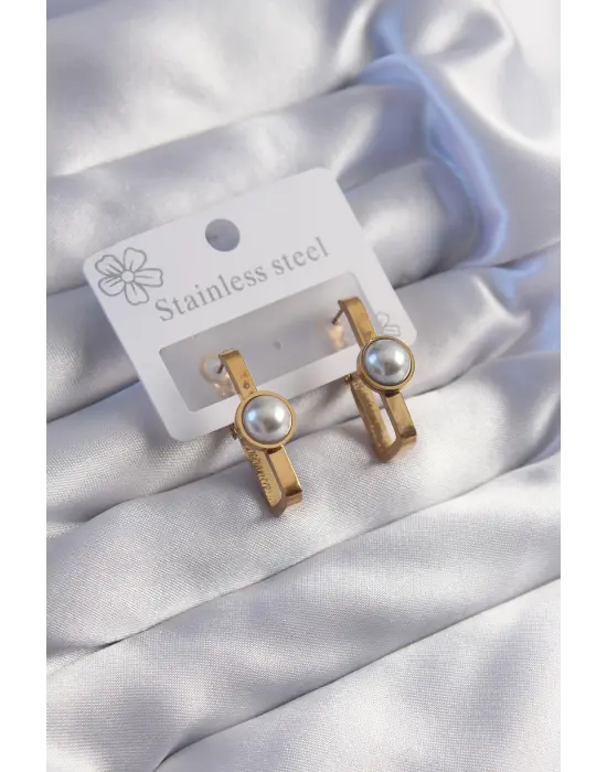   Altın İnci Taşlı Dikdörtgen Model Küpe