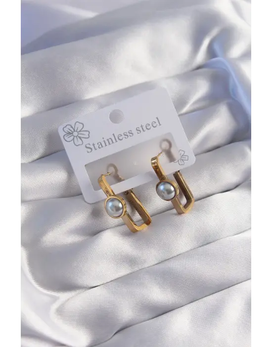   Altın İnci Taşlı Dikdörtgen Model Küpe