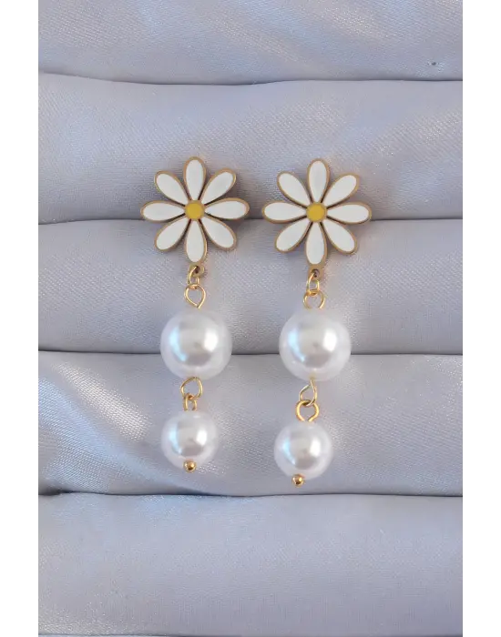   Altın İnci Taşlı Papatya Model Sallantılı Küpe