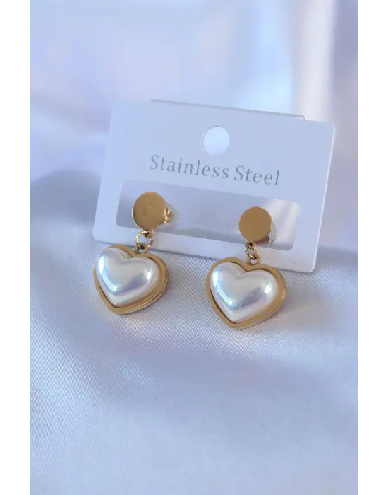 316L Çelik Gold Renk İncili Kalp Model Kadın Küpe