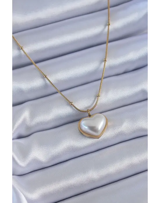  Altın  İncili Kalp Model Minimal Top Detay  Çelik Kolye