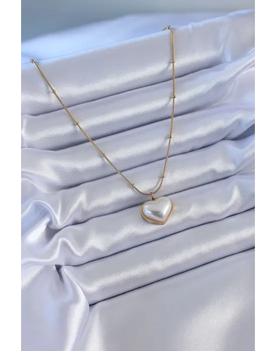  Altın  İncili Kalp Model Minimal Top Detay  Çelik Kolye