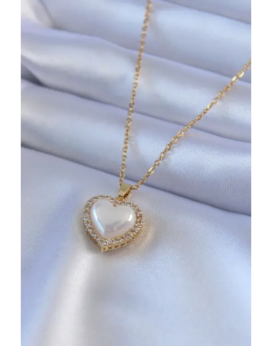  Altın  İncili Kalp Model Zirkon Taşlı  Çelik Kolye