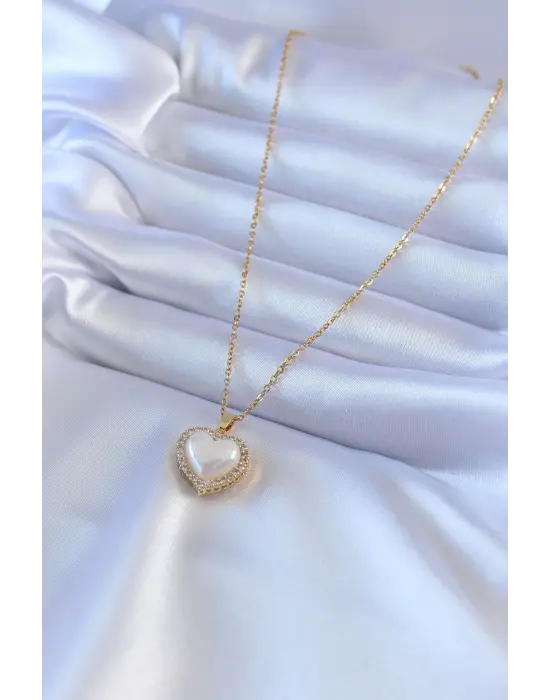  Altın  İncili Kalp Model Zirkon Taşlı  Çelik Kolye