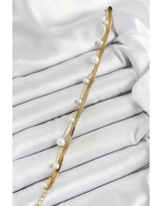 316L Çelik Gold Renk İncili ve İtalyan Zincirli Kadın Bileklik