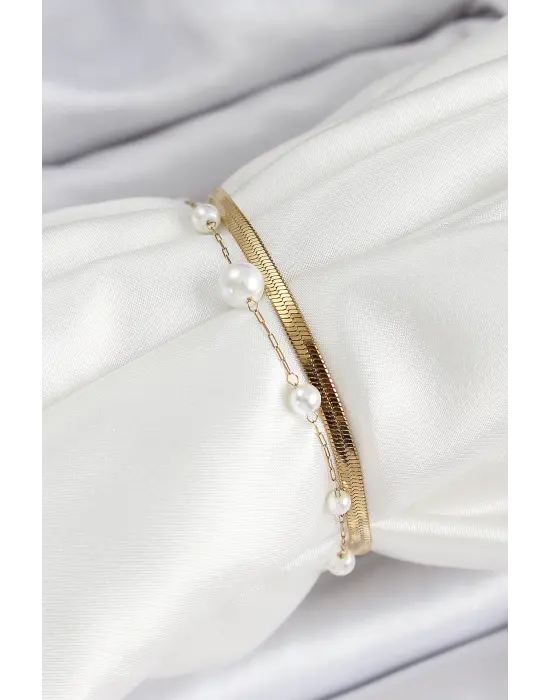 316L Çelik Gold Renk İncili ve İtalyan Zincirli Kadın Bileklik