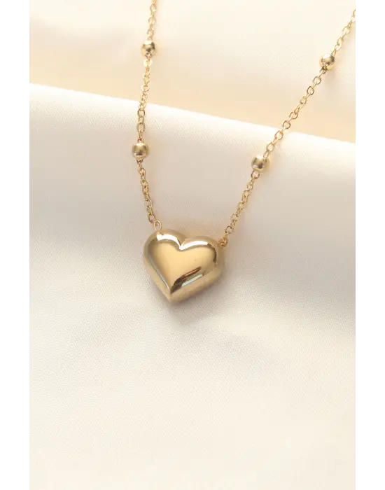  Altın  İri Bombeli Kalp Çelik Kolye