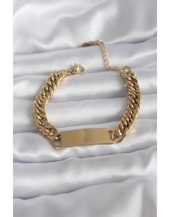 316L Çelik Gold Renk İsim Yazılabilir Plaka Model Kadın Bileklik