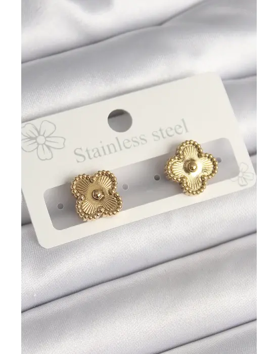 Altın İşleme Detaylı Yonca Model Çelik Küpe