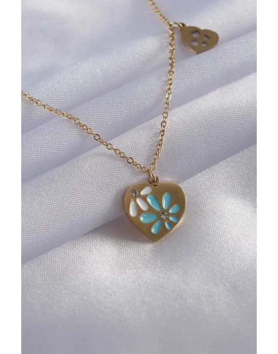  Altın  İşleme Kalp Figür  Çelik Kolye