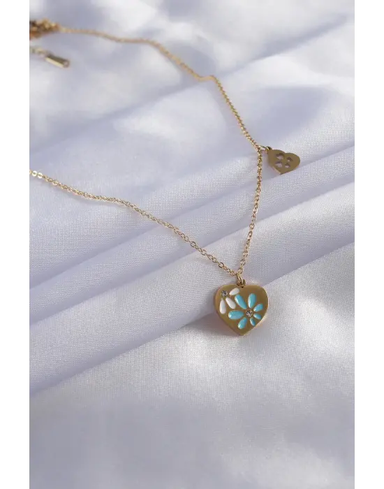  Altın  İşleme Kalp Figür  Çelik Kolye