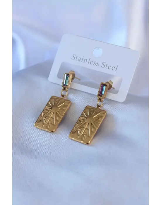 316L Çelik Gold Renk İşleme Plaka Model Kristal Taş Detay Kadın Küpe