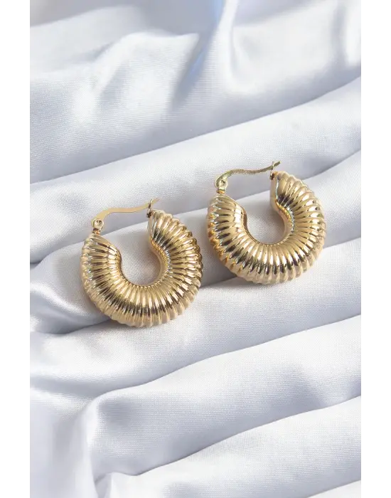316L Çelik Gold Renk İşlemeli Halka Model Kadın Küpe