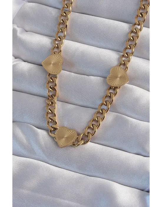  Altın  İşlemeli Kalp Model Zincir Çelik Kolye