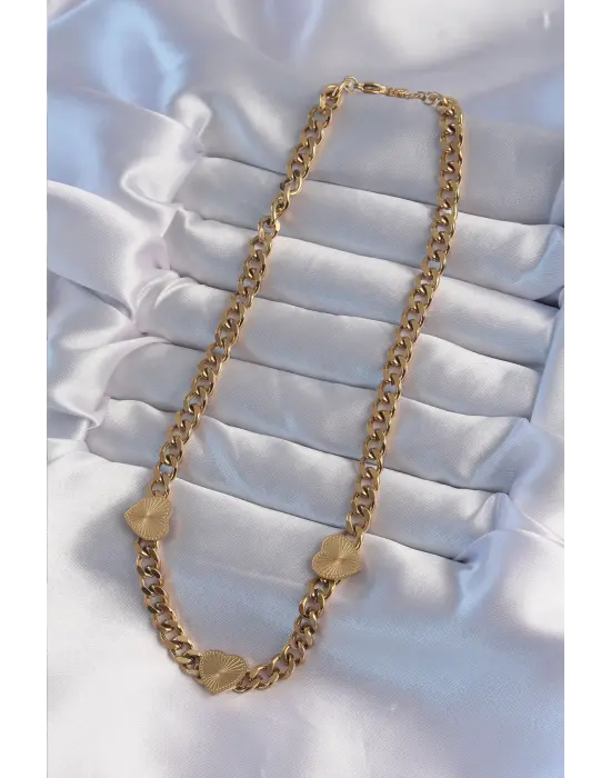  Altın  İşlemeli Kalp Model Zincir Çelik Kolye