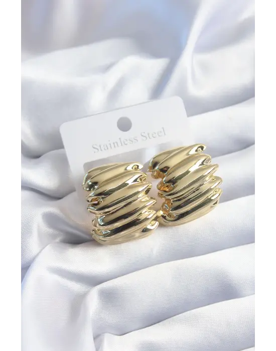 316L Çelik Gold Renk İşlemeli Kare Model Kadın Küpe