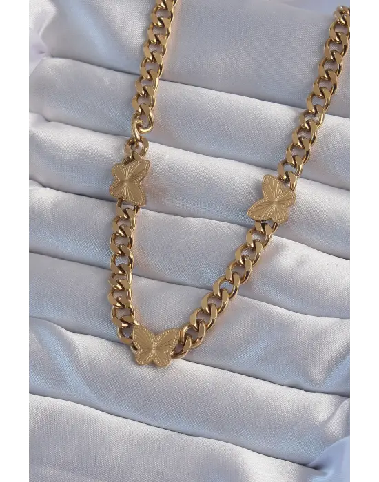  Altın  İşlemeli Kelebek Model Zincir Çelik Kolye