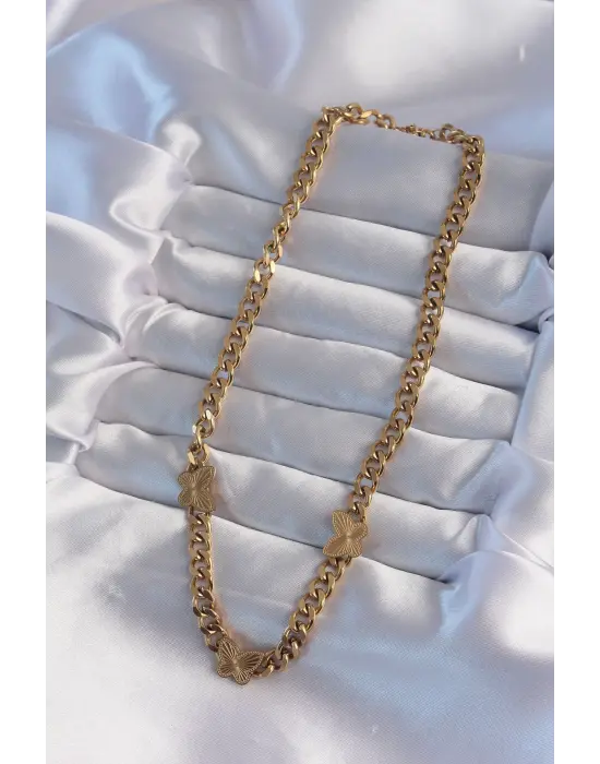  Altın  İşlemeli Kelebek Model Zincir Çelik Kolye