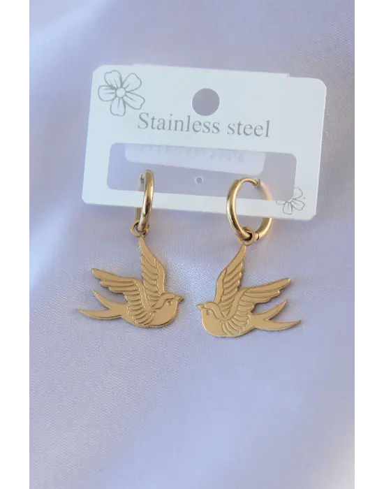   Altın İşlemeli Kuş Model Çelik Küpe