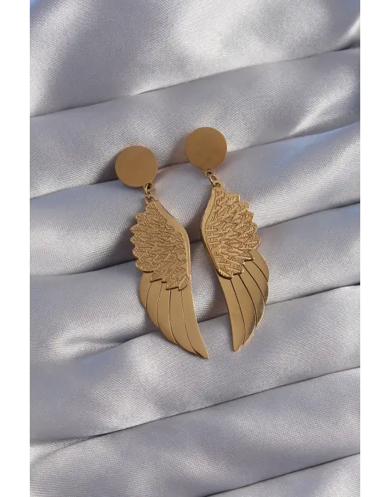   Altın İşlemeli Melek Kanadı Tasarımlı Küpe