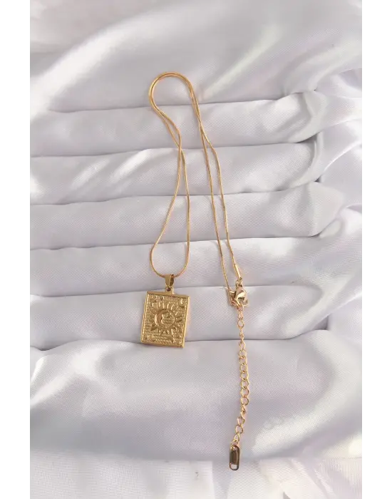  Altın  İşlemeli Vintage Çelik Kolye
