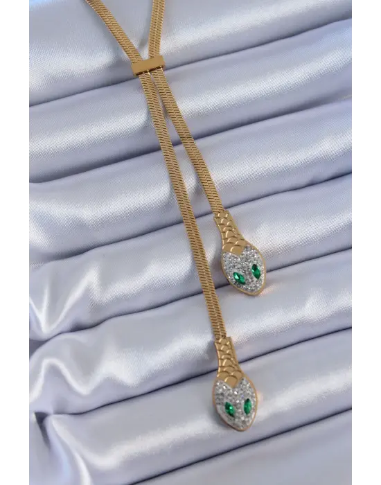 316L Çelik Gold Renk İtalyan Zincir 2li Yılan Model Kadın Kolye