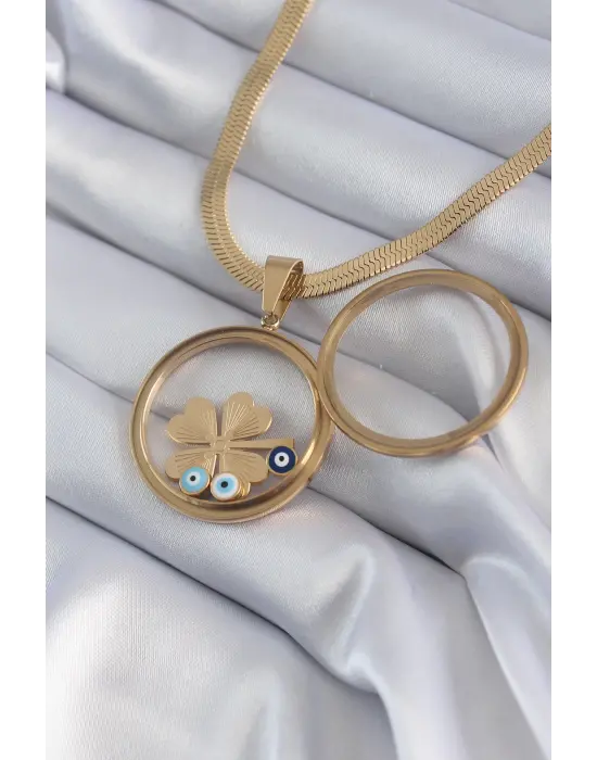  Altın  İtalyan Zincir Açılabilir Fanus Yonca Figür Model  Çelik Kolye