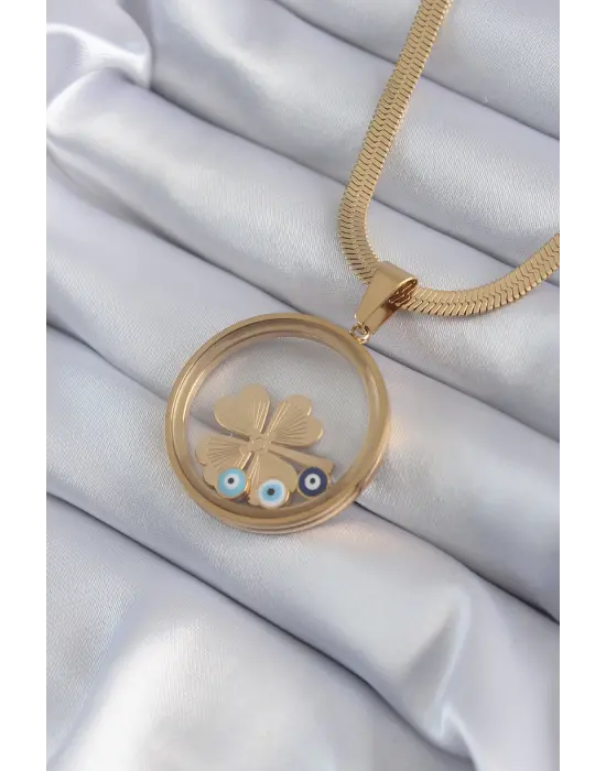  Altın  İtalyan Zincir Açılabilir Fanus Yonca Figür Model  Çelik Kolye