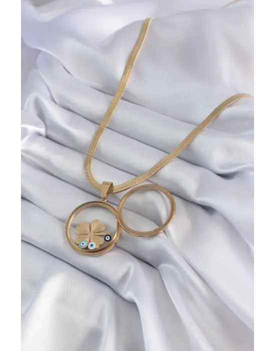  Altın  İtalyan Zincir Açılabilir Fanus Yonca Figür Model  Çelik Kolye