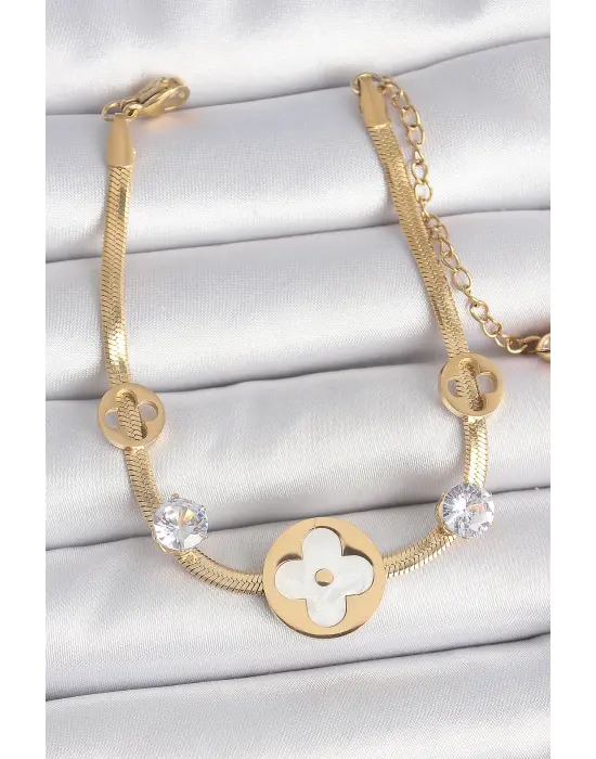 316L Çelik Gold Renk İtalyan Zincir Beyaz Mineli Yonca Model Zirkon Taş Detaylı Kadın Bileklik