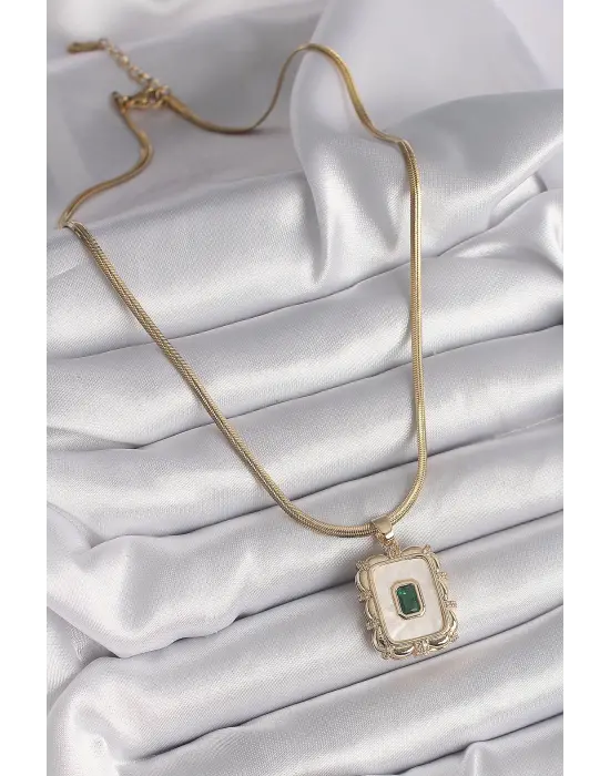  Altın  İtalyan Zincir Beyaz Sedefli Portre Model Zümrüt Taş Detay  Çelik Kolye