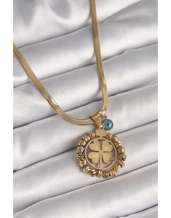  Altın  İtalyan Zincir Dorika Yonca Model Nazar Boncuk Detay  Çelik Kolye