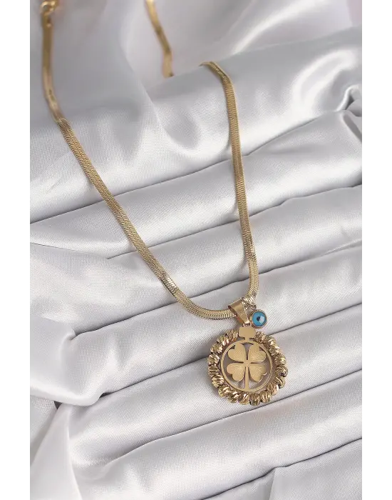 Altın  İtalyan Zincir Dorika Yonca Model Nazar Boncuk Detay  Çelik Kolye