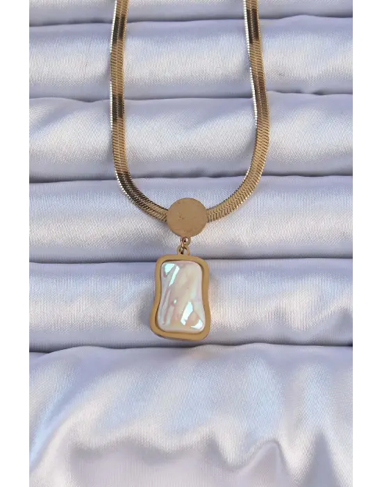  Altın  İtalyan Zincir Ezme Taşlı Çelik Kolye