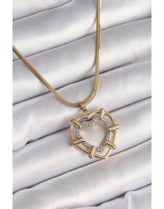  Altın  İtalyan Zincir Mix  Zirkon Taşlı Kalp Model  Çelik Kolye