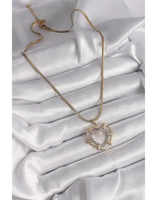  Altın  İtalyan Zincir Mix  Zirkon Taşlı Kalp Model  Çelik Kolye