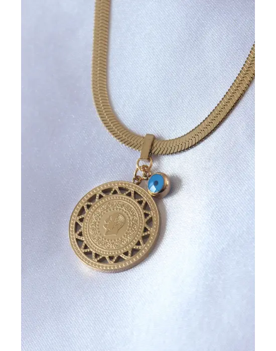  Altın  İtalyan Zincir Model Atatürk İşleme Nazar Boncuk Detay  Çelik Kolye