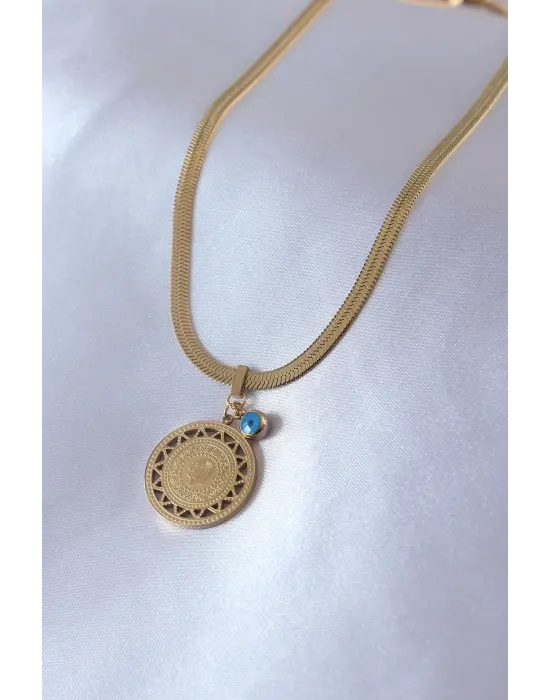  Altın  İtalyan Zincir Model Atatürk İşleme Nazar Boncuk Detay  Çelik Kolye